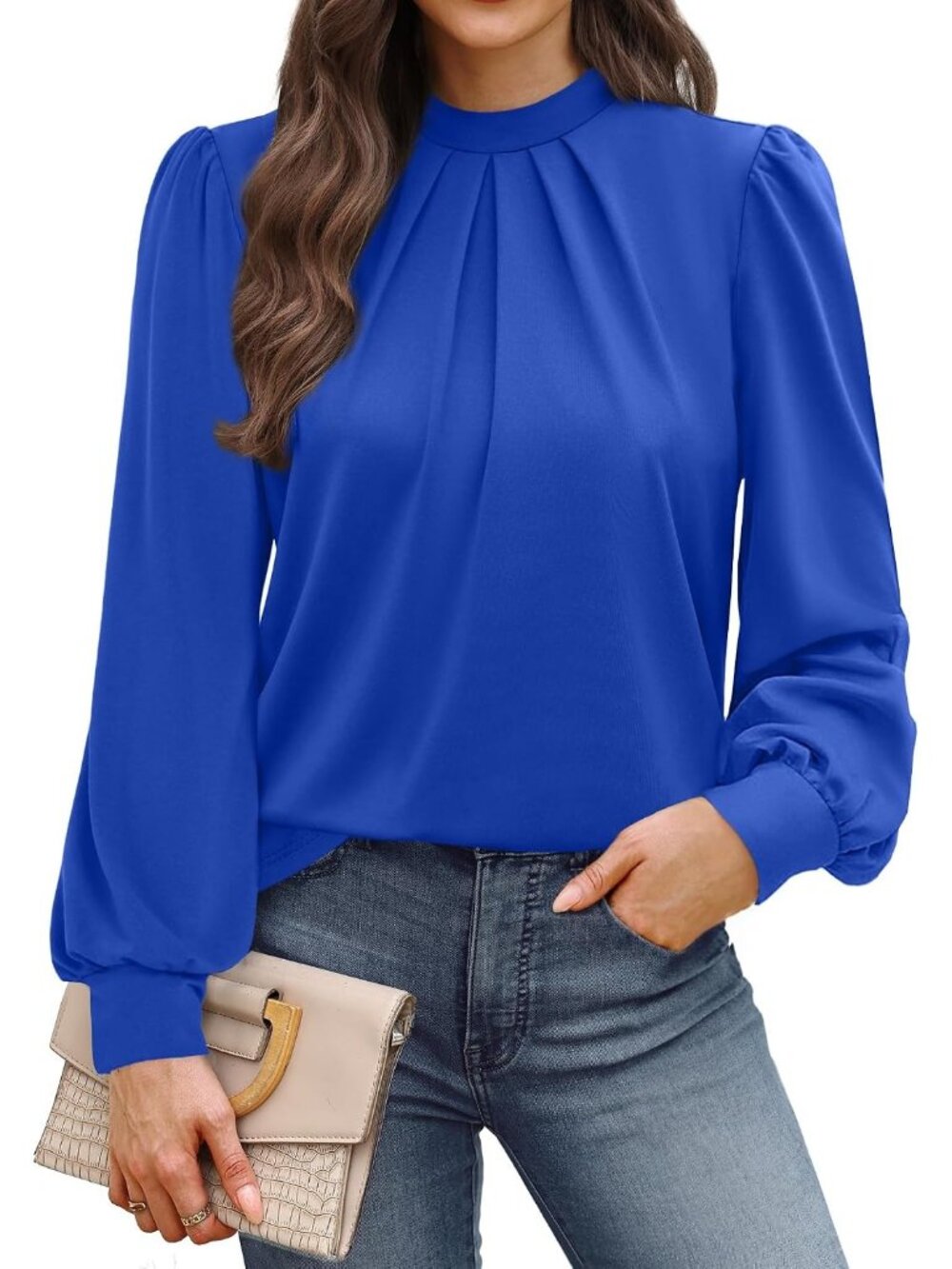 👗 Women's Blue Long Sleeve Shirts Pleated Front Blouses Dressy Mock Neck Tops